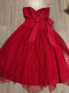 VTG 70s red dotted tulle prom dress with bow size Large